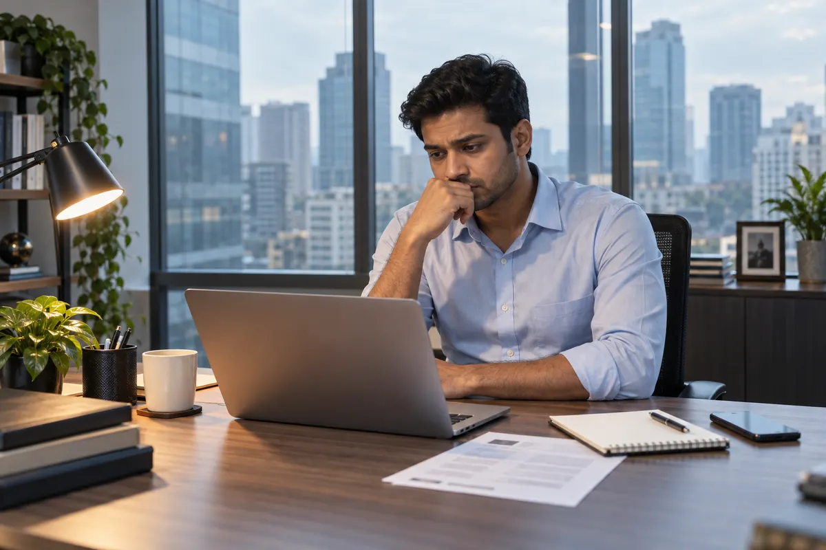 A worried professional facing a difficult job decision