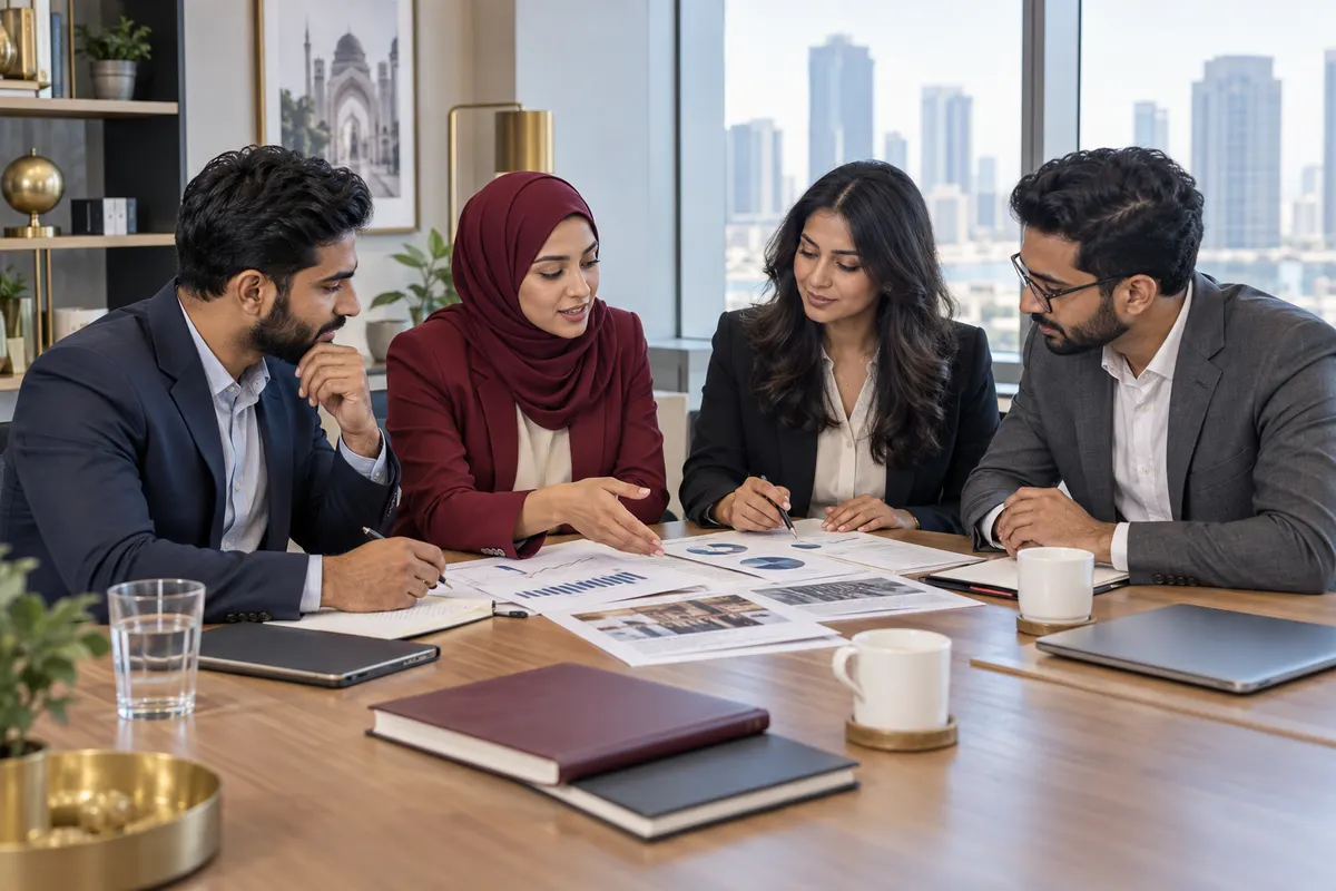 A diverse professional team reviewing an ethical business plan