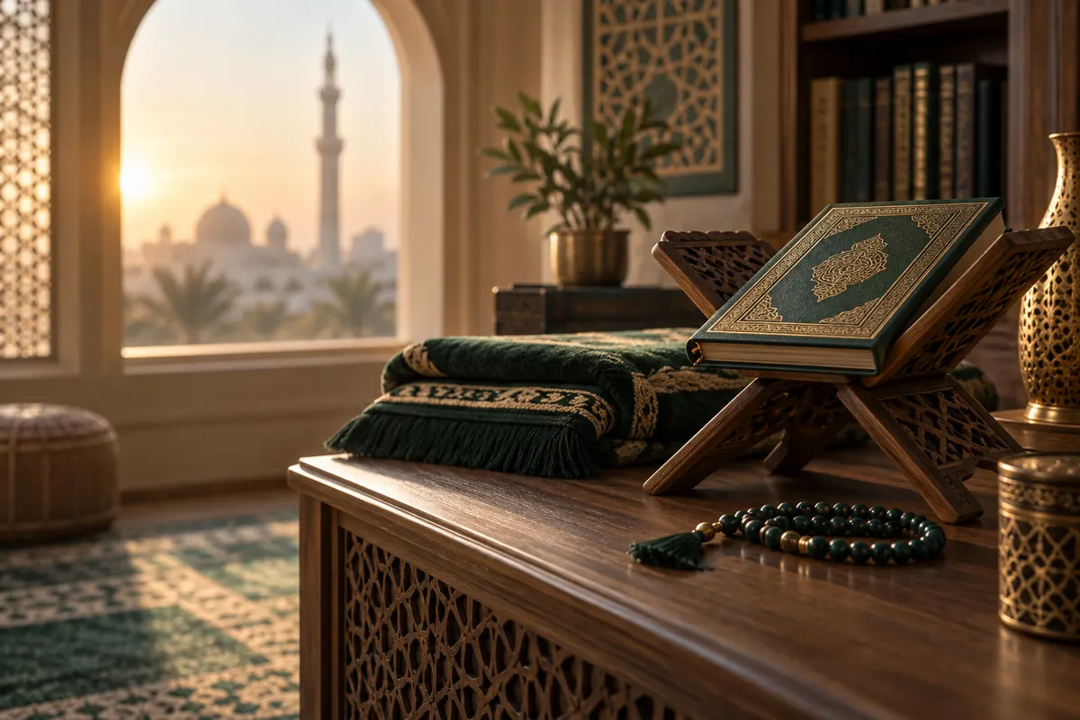 Quran, prayer rug and tasbih prepared for quiet reflection