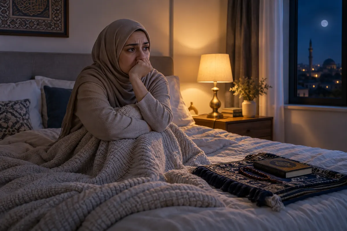 A worried woman seeking calm during spiritual distress