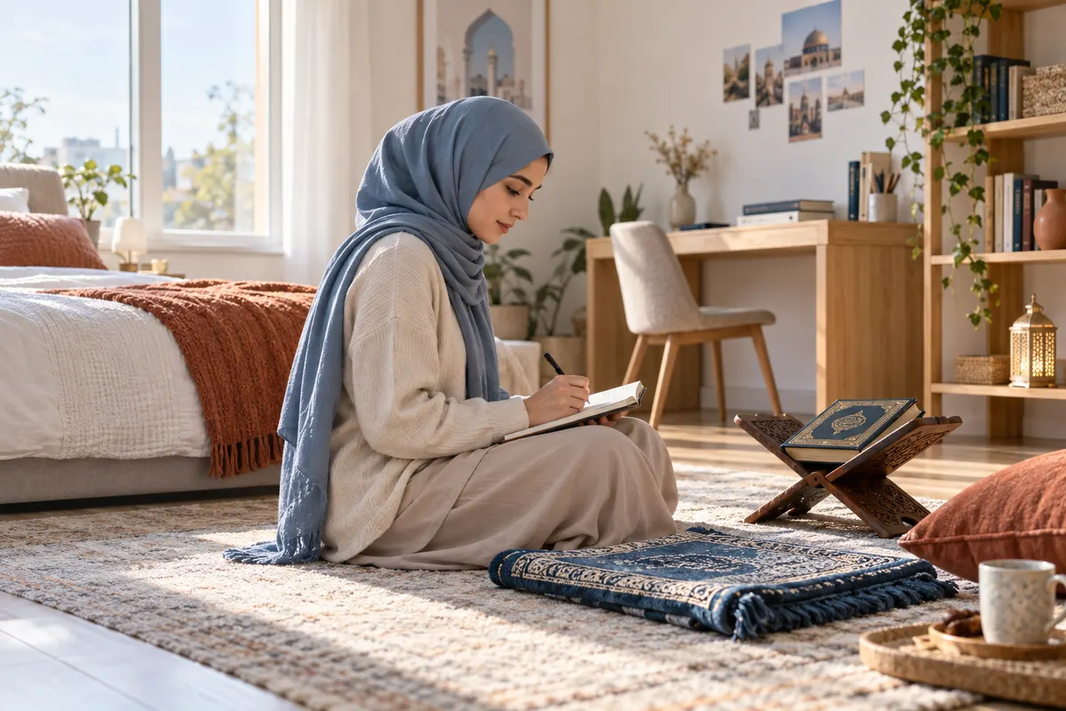 A hijabi woman journaling quietly after prayer